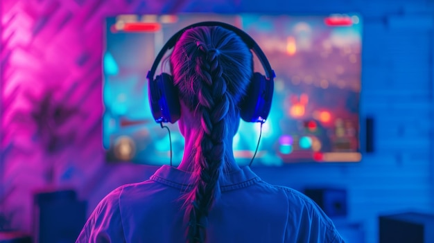 Zdjęcie dziewczyna w słuchawkach gra w grę wideo na dużym ekranie telewizora