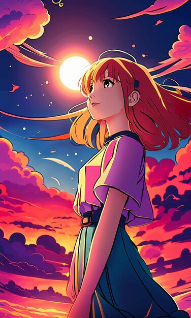 Dziewczyna w stylu anime kreskówek na tle czerwonych kolorowych chmur tapety HD ilustracja