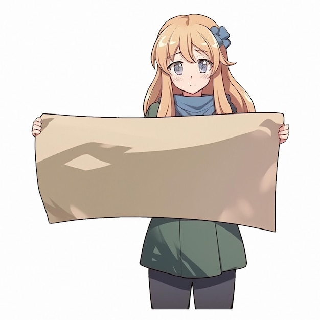 Dziewczyna w stylu anime stoi na dużym pustym arkuszu papieru