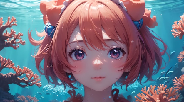 Dziewczyna w stylu anime z motywem morza i koralowca