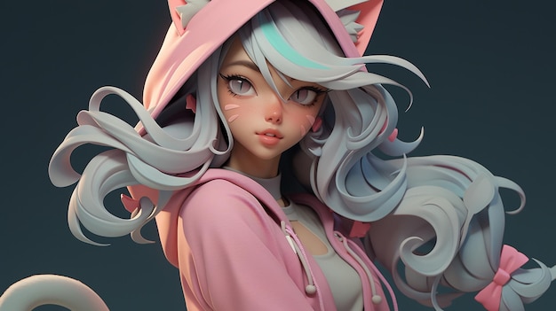 Zdjęcie dziewczyna w stylu anime z różowymi i niebieskimi włosami i kotem kapeluszem generatywny ai