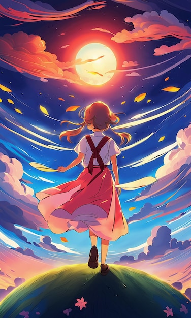Dziewczyna w stylu kreskówki anime na czerwonych kolorowych chmurach tło tapeta ilustracja HD