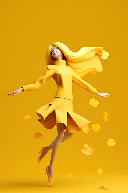 Dziewczyna w stylu kreskówki z żółtymi liśćmi Na jesienną kartkę świąteczną w tle i szablon mediów społecznościowych Generatywna sztuczna inteligencja