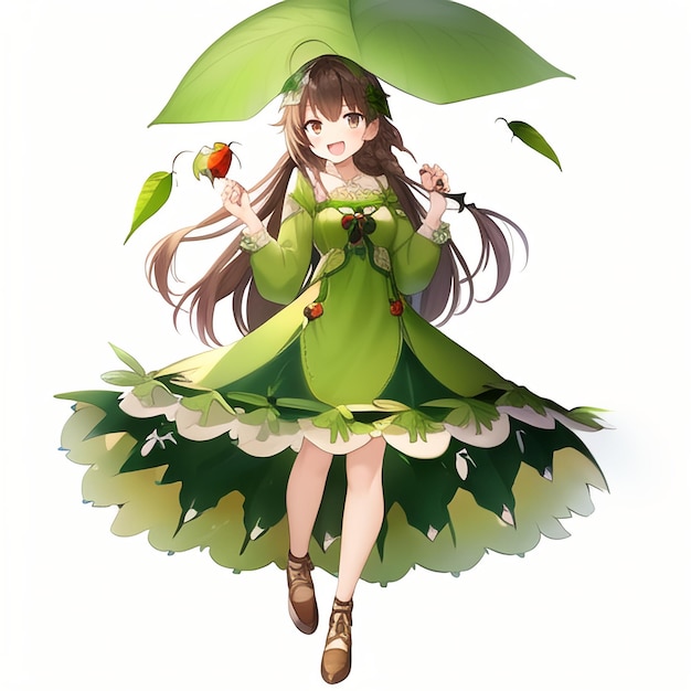 Dziewczyna w zielonej sukience i zielonym parasolu z napisem "kocham".