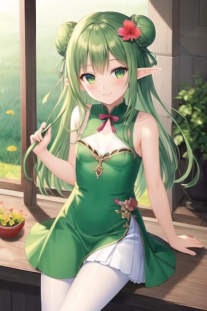 Dziewczyna w zielonej sukience siedzi na parapecie.