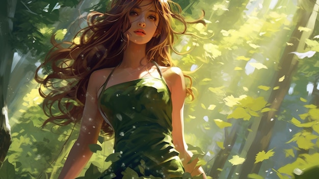 Dziewczyna w zielonej sukience w lesie