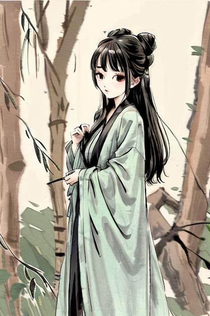 Dziewczyna w zielonej szacie stoi w lesie z bambusowymi drzewami w tle.