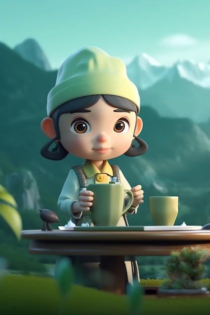 Dziewczyna w zielonym kapeluszu siedzi przy stole przed górami.