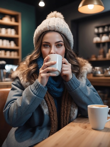 Dziewczyna w zimowych ubraniach siedzi w sklepie i pije kawę.