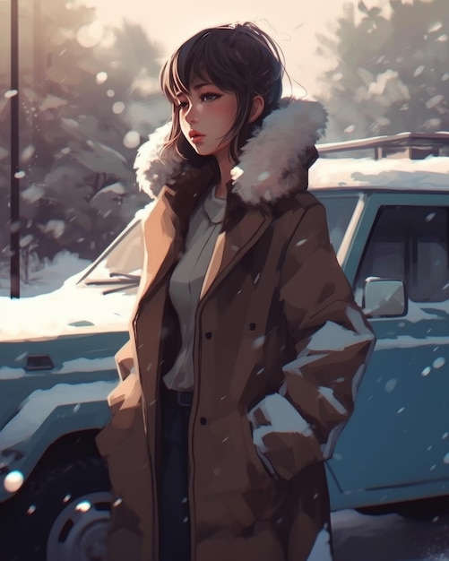 Dziewczyna w zimowym płaszczu stoi przed samochodem