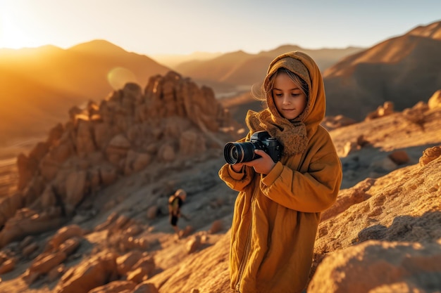 Dziewczyna w żółtej szacie trzyma kamerę przed pasmem górskim.