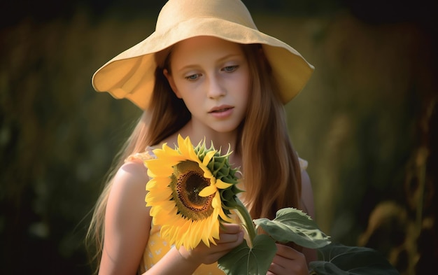 Dziewczyna w żółtym kapeluszu trzyma w dłoniach słonecznik