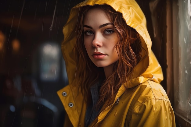 Dziewczyna w żółtym płaszczu przeciwdeszczowym z napisem deszcz