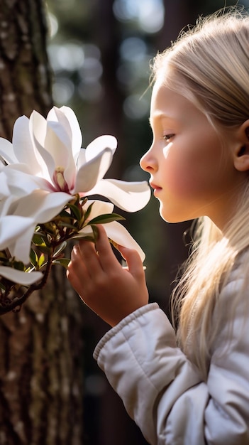 Dziewczyna wącha kwiat magnolii.