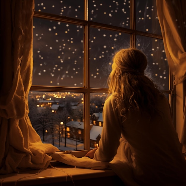 Zdjęcie dziewczyna widzi śnieg z okna