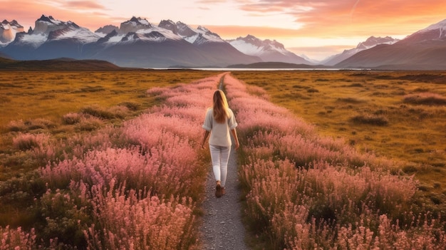 dziewczyna wśród kwiatów na łąkach Patagonii
