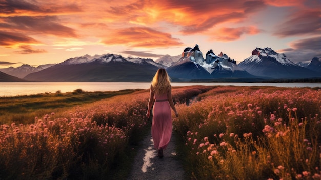 dziewczyna wśród kwiatów na łąkach Patagonii