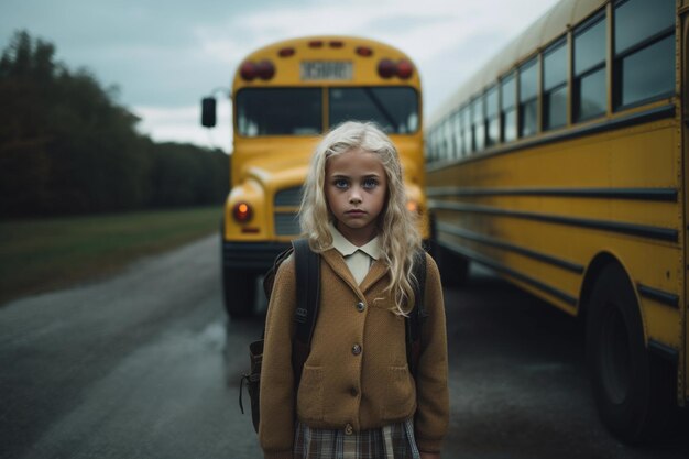 Dziewczyna wysiada z żółtego autobusu szkolnego po szkole Powrót do koncepcji szkoły i nauki