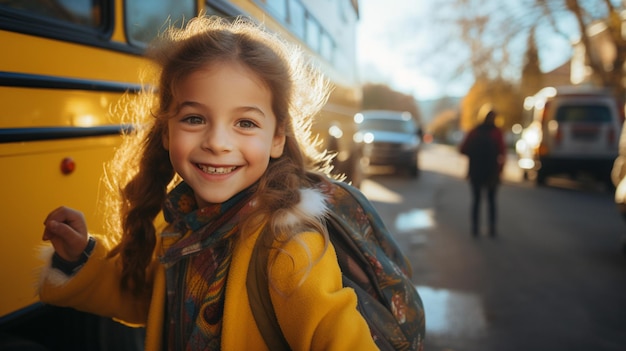 Dziewczyna wysiadająca ze szkolnego autobusu patrzy na kamerę.