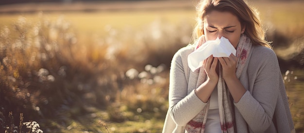 Dziewczyna z alergią wydmuchuje nos w chusteczkę