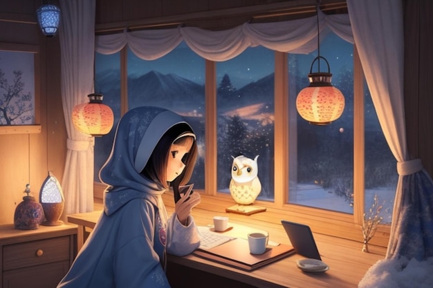 Dziewczyna z animacją o tematyce Ramadan na laptopie w swoim wygodnym pokoju Zimowy widok z okna