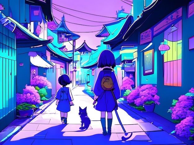 dziewczyna z anime i kot idący aleją w Japonii