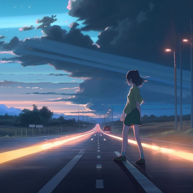 Dziewczyna z anime idzie po zagubionej autostradzie generatywnej ai