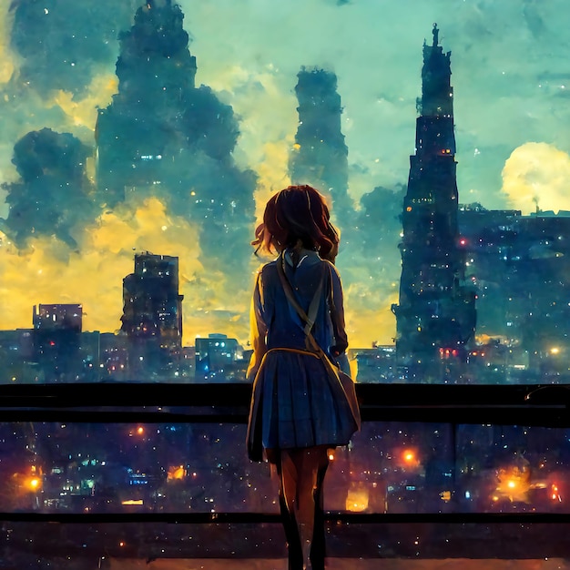 Dziewczyna z anime patrząca na obraz olejny miasta nocą