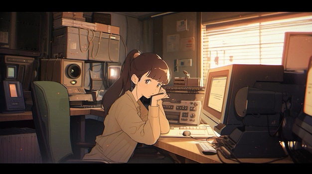 Dziewczyna z anime siedzi przy biurku z komputerem i generatywnym monitorem AI
