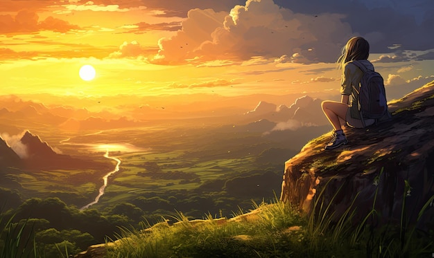 Dziewczyna z anime siedziała na skraju klifu, jej oczy patrzyły w odległość.