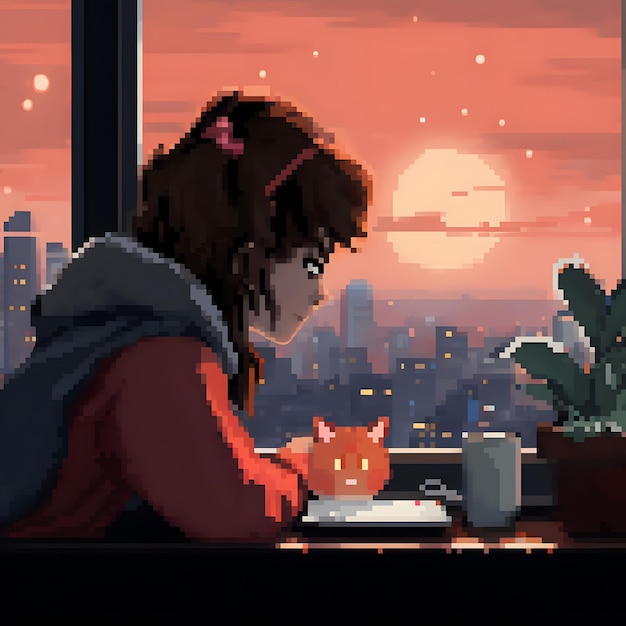 dziewczyna z anime słuchająca bitów lofi w towarzystwie swojego kota w stylu pixel art