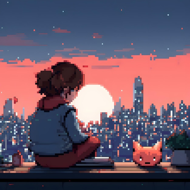 dziewczyna z anime słuchająca bitów lofi w towarzystwie swojego kota w stylu pixel art