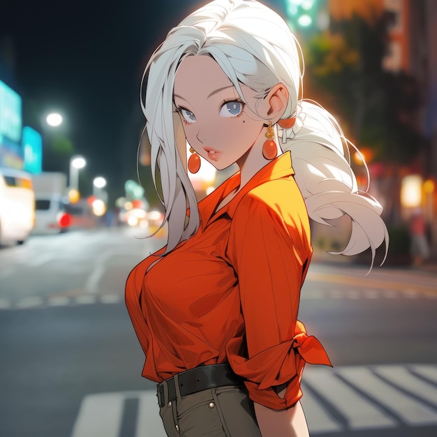 Dziewczyna z anime w krótkiej koszuli stojąca na ulicznej generatywnej sztucznej inteligencji