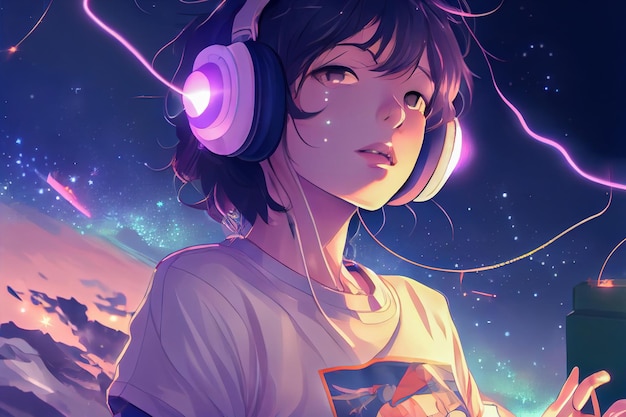 Dziewczyna z anime w neonowych słuchawkach Generacyjna sztuczna inteligencja