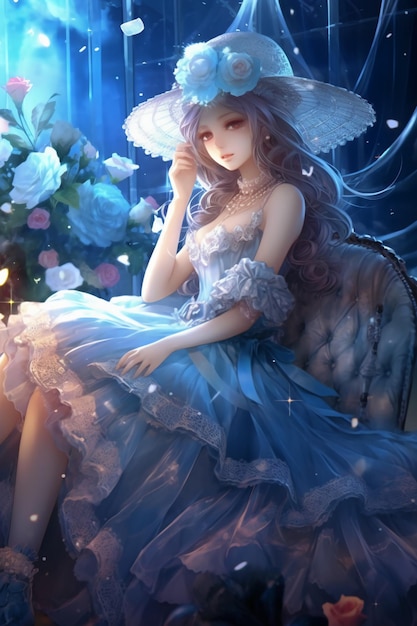 Dziewczyna z anime w niebieskiej sukience