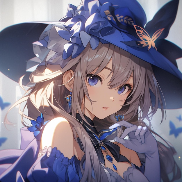 Dziewczyna z anime w niebieskim kapeluszu i niebieskiej sukience z motylem na kapeluszu generatywnym ai