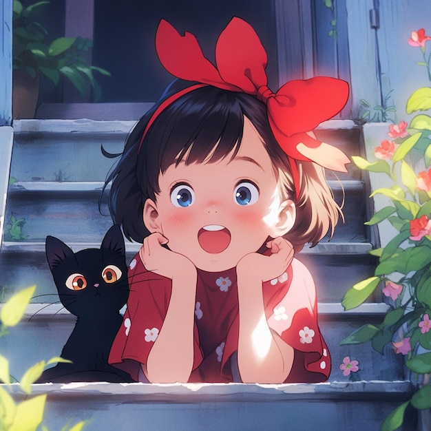 Dziewczyna z anime z czerwoną kokardką i czarnym kotem na generatywnej krokowej ai