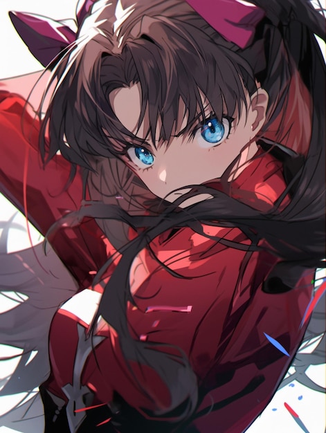 Dziewczyna z anime z czerwonym topem i czarnymi włosami