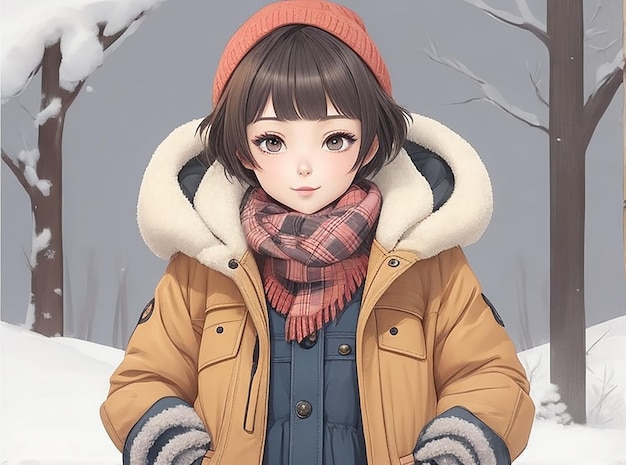 Dziewczyna z anime z krótkimi włosami, ubrana w kreskówkę z zimowymi ubraniami