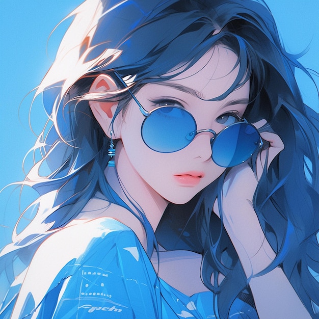 Dziewczyna z anime z niebieskimi okularami przeciwsłonecznymi i niebieskimi włosami nosząca niebieski top generatywny ai