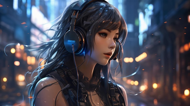 Dziewczyna z anime z słuchawkami do muzyki cyberpunk