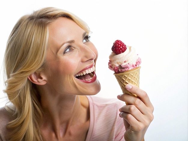 Zdjęcie dziewczyna z białą czekoladą malinową lody rhapsody na białym tle