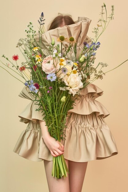 Dziewczyna z bukietem dzikich kwiatów w beżowej sukience zakrywa twarz bukietem na beżowym tle