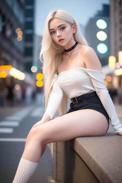 Dziewczyna z długimi blond włosami siedzi na krawężniku w mieście
