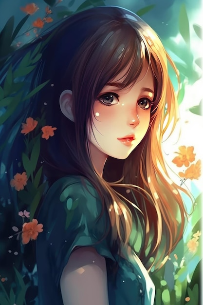 Dziewczyna z długimi brązowymi włosami i zieloną koszulą z kwiatkiem na głowie.