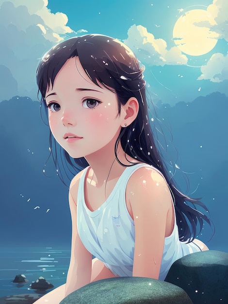 Dziewczyna z długimi czarnymi włosami i białym podkoszulkiem siedzi w jeziorze.