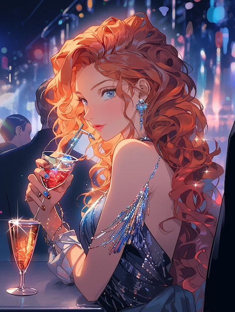 dziewczyna z długimi włosami i kieliszkiem szampana