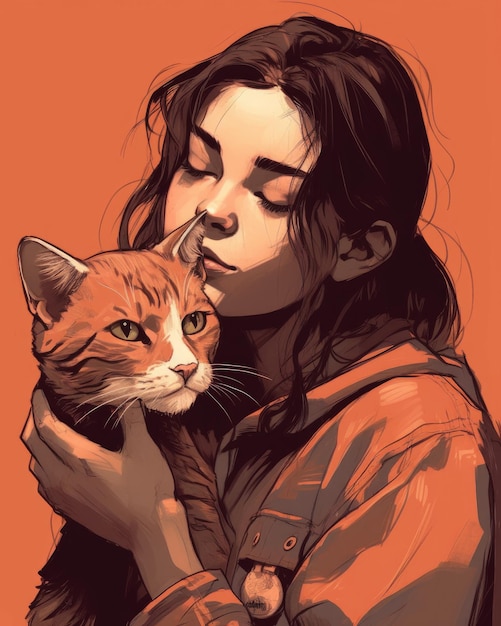 Dziewczyna z długimi włosami i kotem w ramionach