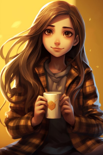 Dziewczyna z długimi włosami i kubkiem herbaty