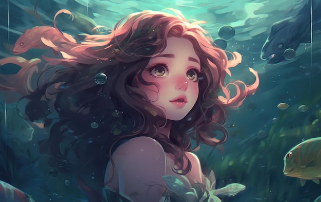 Dziewczyna z długimi włosami pływa pod wodą Tapeta w stylu anime
